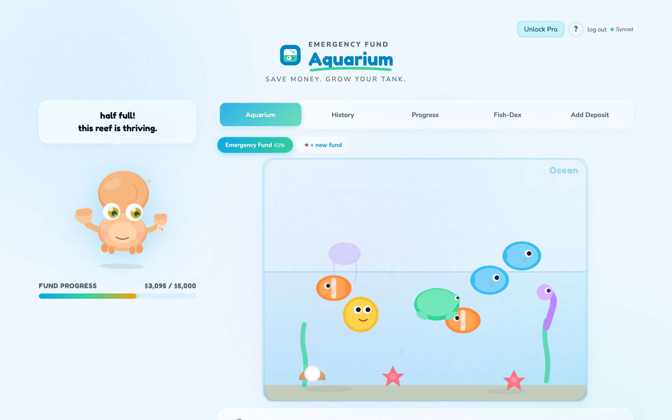 The Emergency Fund Aquarium app showing a partly filled tank with sea creatures swimming, above the goal progress